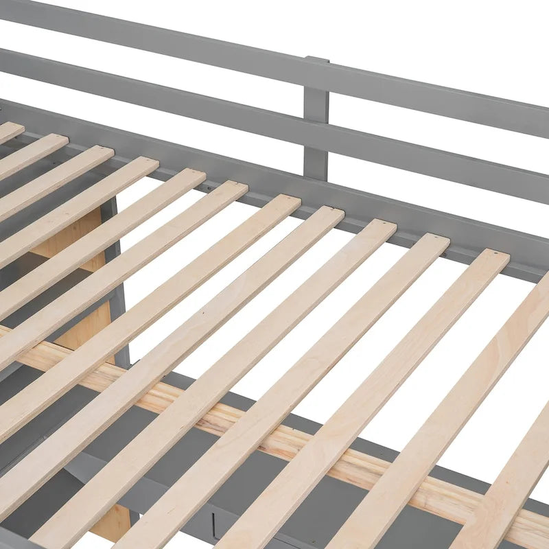 Cama alta con escritorio, estantes, cajón y escalera, barandilla de cuerpo entero