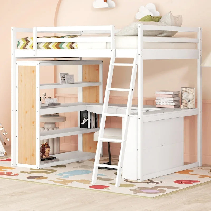 Cama alta con escritorio, estantes, cajón y escalera, barandilla de cuerpo entero
