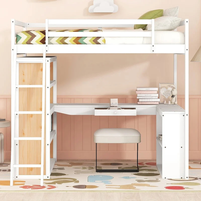 Cama alta con escritorio, estantes, cajón y escalera, barandilla de cuerpo entero
