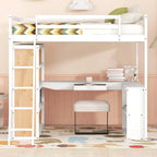 Cama alta con escritorio, estantes, cajón y escalera, barandilla de cuerpo entero