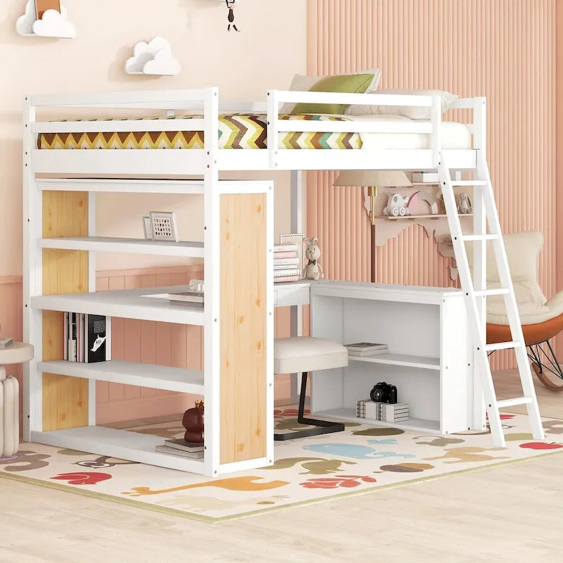 Cama alta con escritorio, estantes, cajón y escalera, barandilla de cuerpo entero