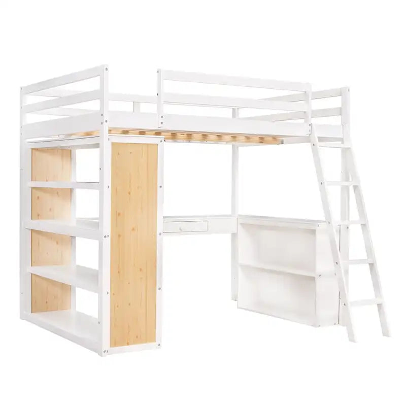Cama alta con escritorio, estantes, cajón y escalera, barandilla de cuerpo entero