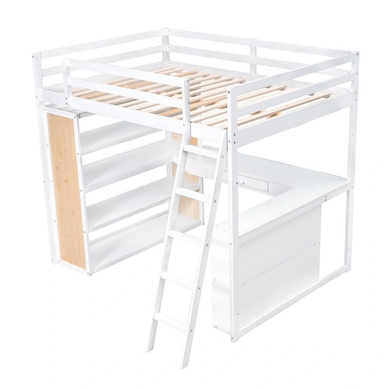 Cama alta con escritorio, estantes, cajón y escalera, barandilla de cuerpo entero