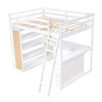 Cama alta con escritorio, estantes, cajón y escalera, barandilla de cuerpo entero