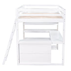 Cama alta con escritorio, estantes, cajón y escalera, barandilla de cuerpo entero