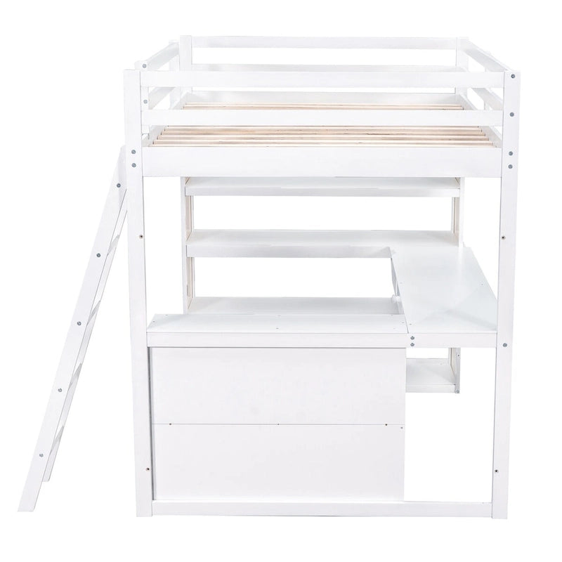 Cama alta con escritorio, estantes, cajón y escalera, barandilla de cuerpo entero