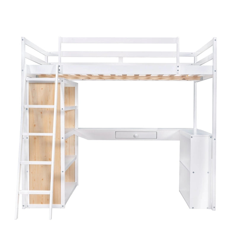 Cama alta con escritorio, estantes, cajón y escalera, barandilla de cuerpo entero