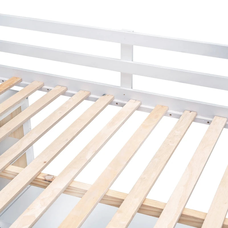 Cama alta con escritorio, estantes, cajón y escalera, barandilla de cuerpo entero
