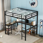 Cama alta de metal con escritorio y estantes