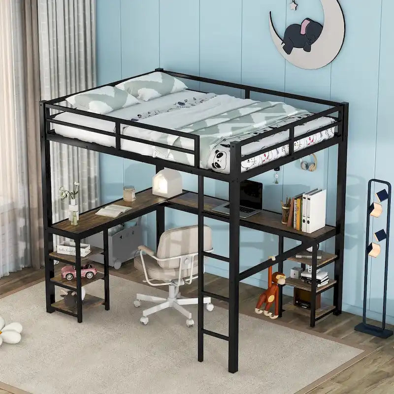 Cama alta de metal con escritorio y estantes