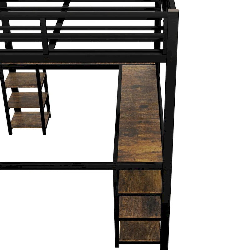 Cama alta de metal con escritorio y estantes