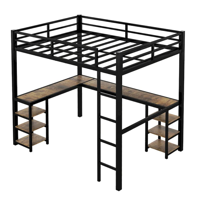 Cama alta de metal con escritorio y estantes
