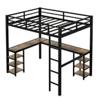 Cama alta de metal con escritorio y estantes