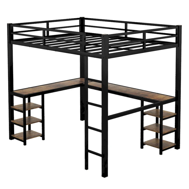 Cama alta de metal con escritorio y estantes