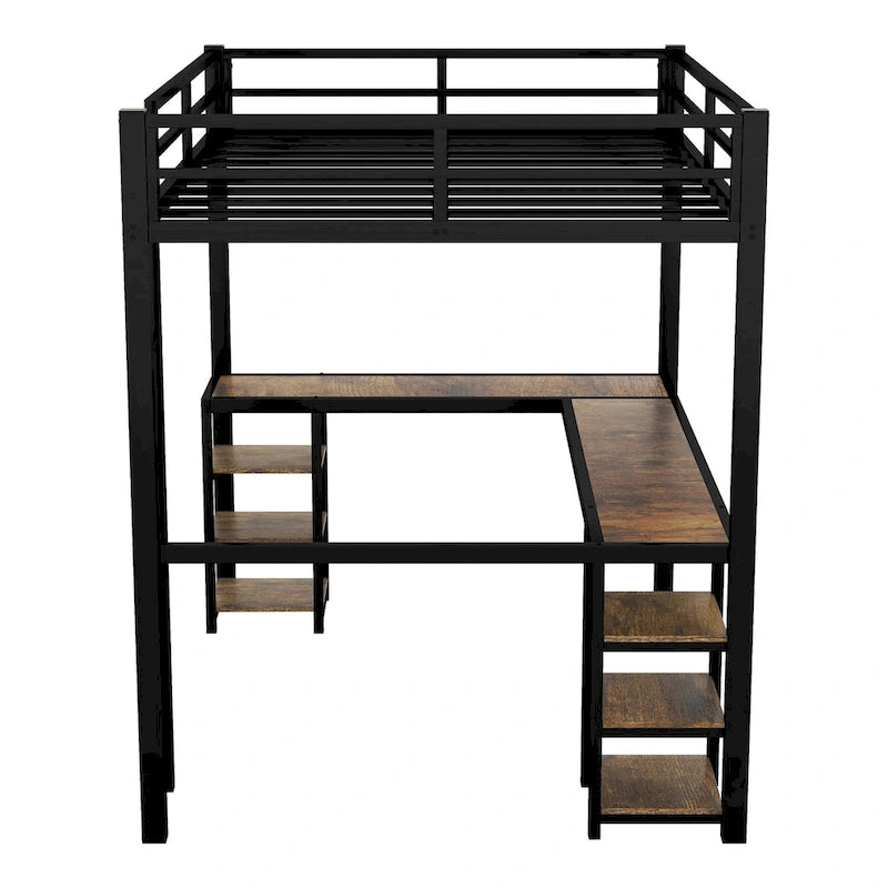 Cama alta de metal con escritorio y estantes