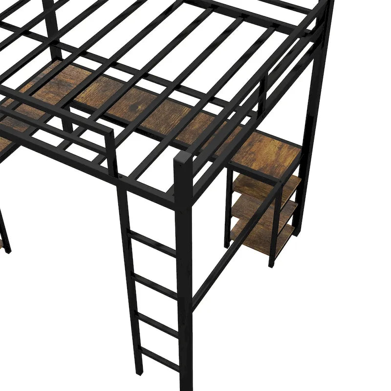 Cama alta de metal con escritorio y estantes