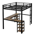 Cama alta de metal con escritorio y estantes