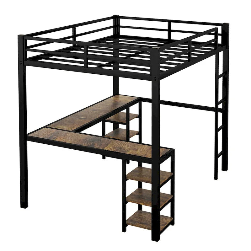 Cama alta de metal con escritorio y estantes