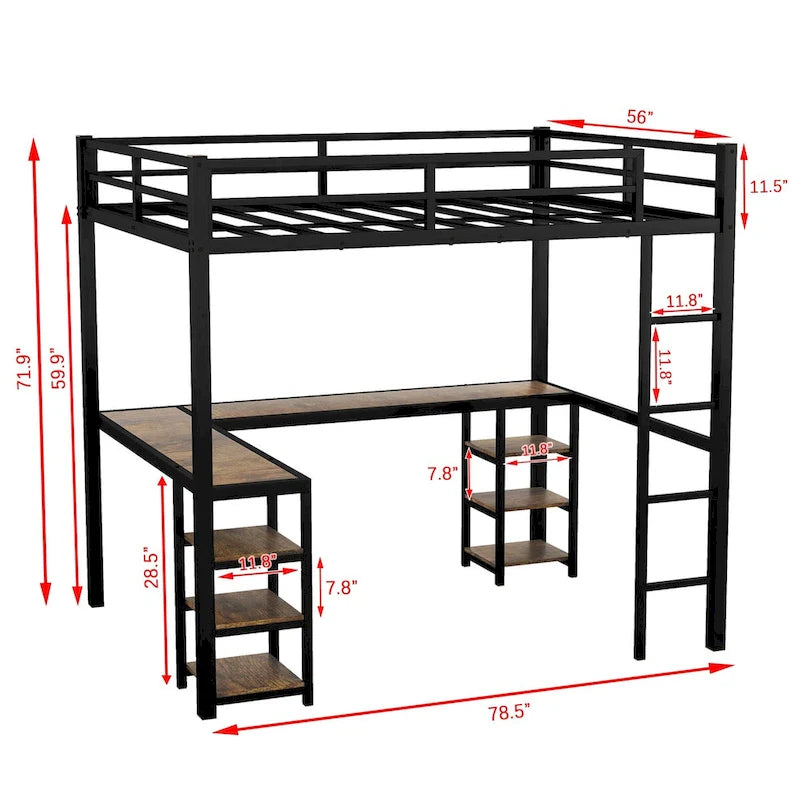 Cama alta de metal con escritorio y estantes