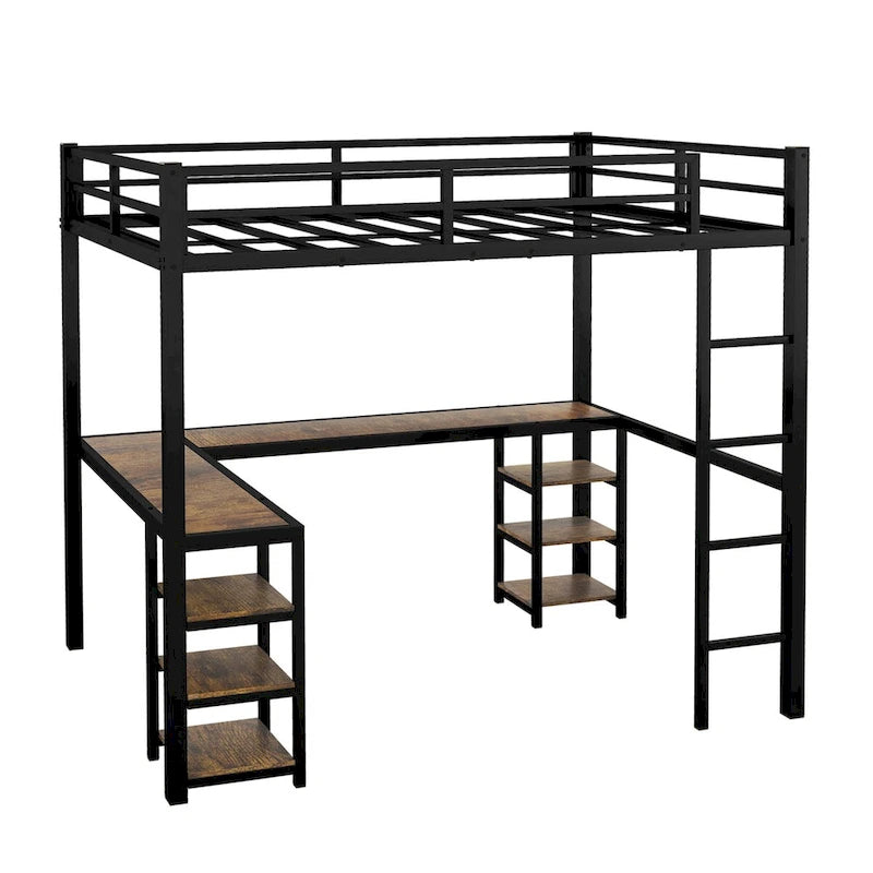 Cama alta de metal con escritorio y estantes