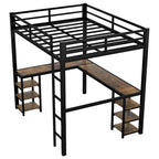 Cama alta de metal con escritorio y estantes