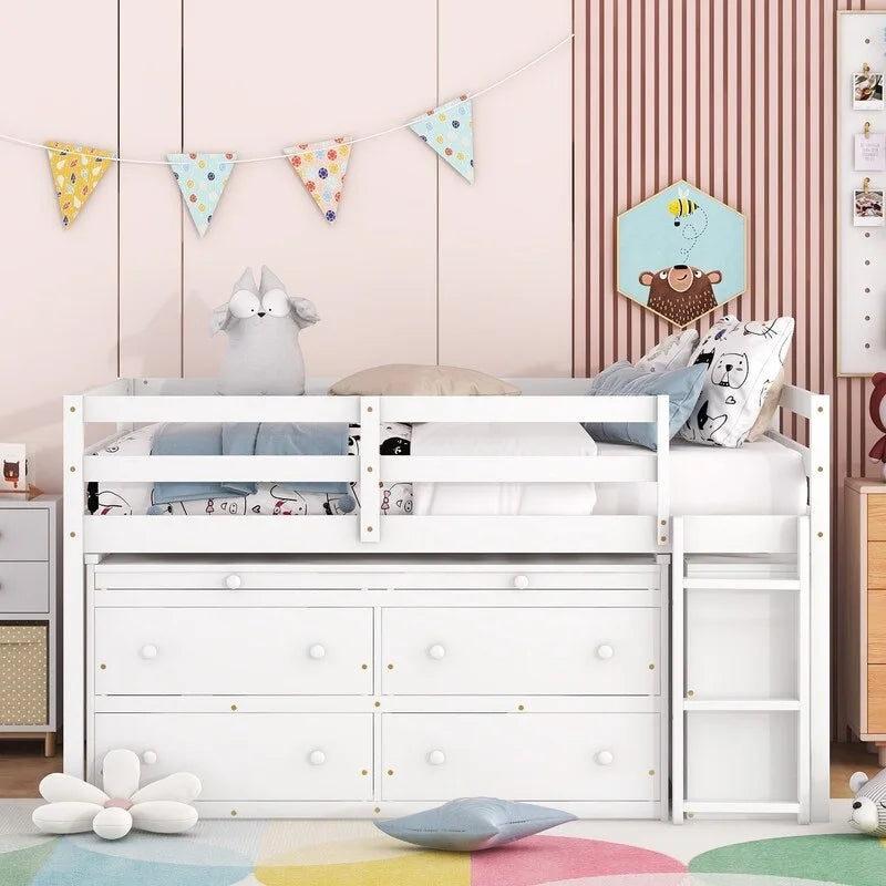 Cama alta matrimonial con escritorio retráctil y 4 cajones