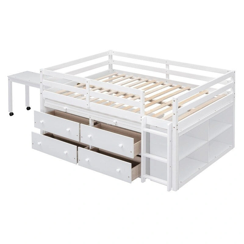 Cama alta matrimonial con escritorio retráctil y 4 cajones