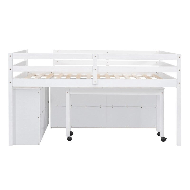 Cama alta matrimonial con escritorio retráctil y 4 cajones