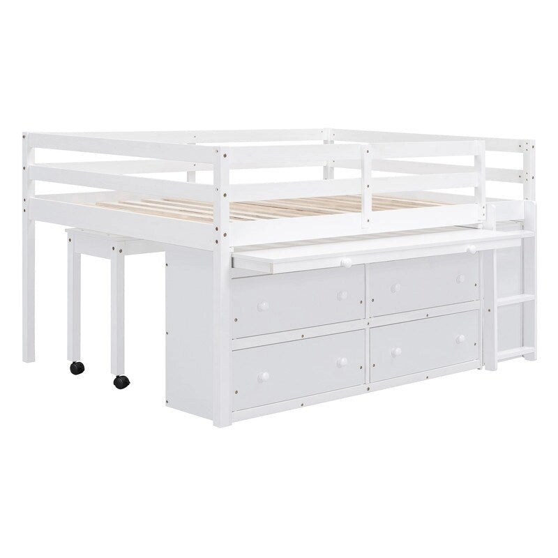 Cama alta matrimonial con escritorio retráctil y 4 cajones