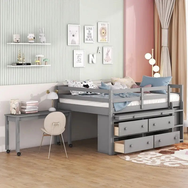 Cama alta matrimonial con escritorio retráctil y 4 cajones