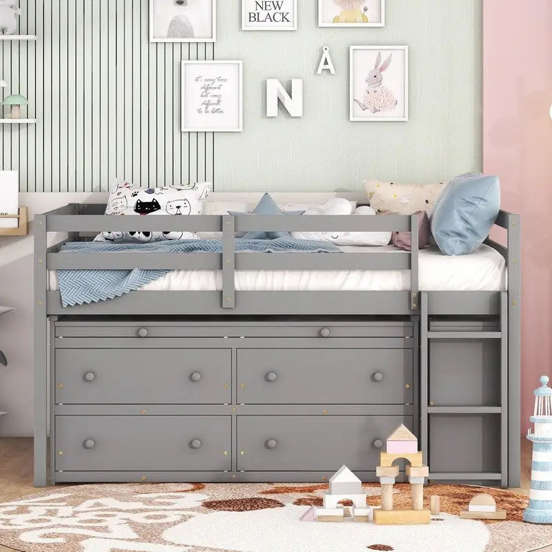 Cama alta matrimonial con escritorio retráctil y 4 cajones