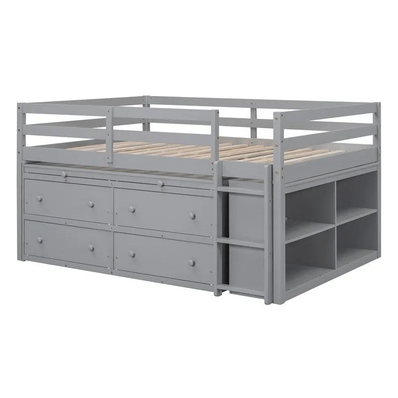 Cama alta matrimonial con escritorio retráctil y 4 cajones