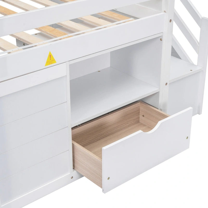 Cama baja individual tipo loft con cajones y escalera
