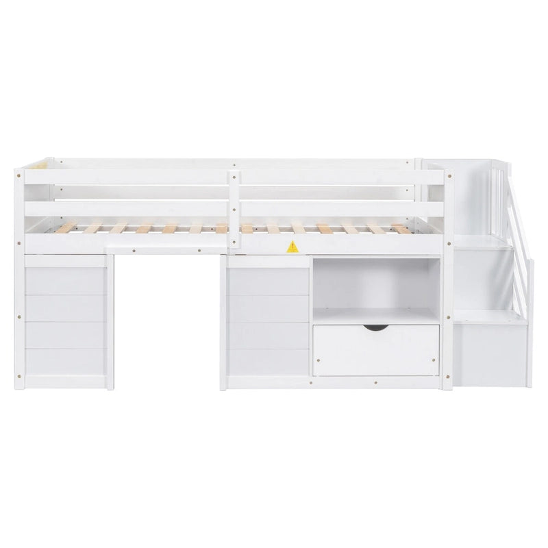 Cama baja individual tipo loft con cajones y escalera