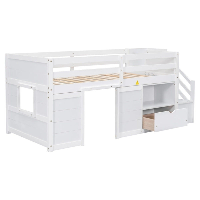 Cama baja individual tipo loft con cajones y escalera