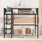 Cama loft individual de metal con estantes de 4 niveles y almacenamiento