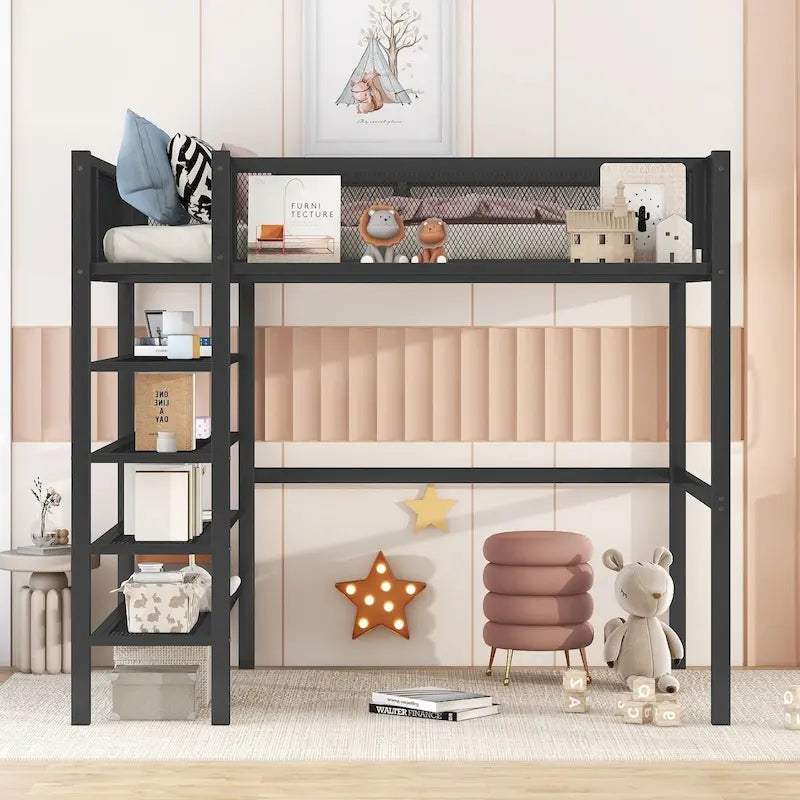 Cama loft individual de metal con estantes de 4 niveles y almacenamiento