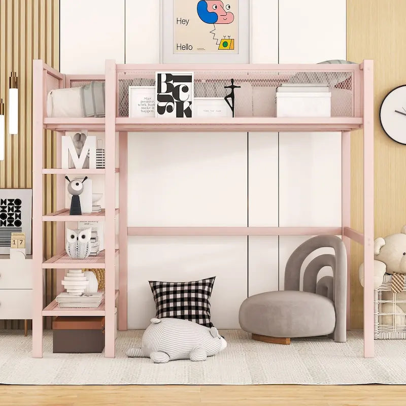 Cama loft individual de metal con estantes de 4 niveles y almacenamiento