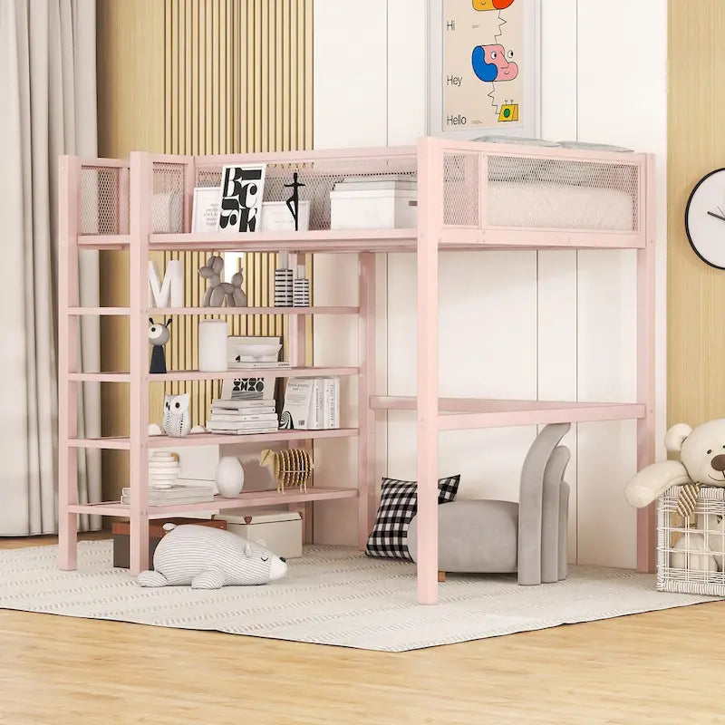 Cama loft individual de metal con estantes de 4 niveles y almacenamiento