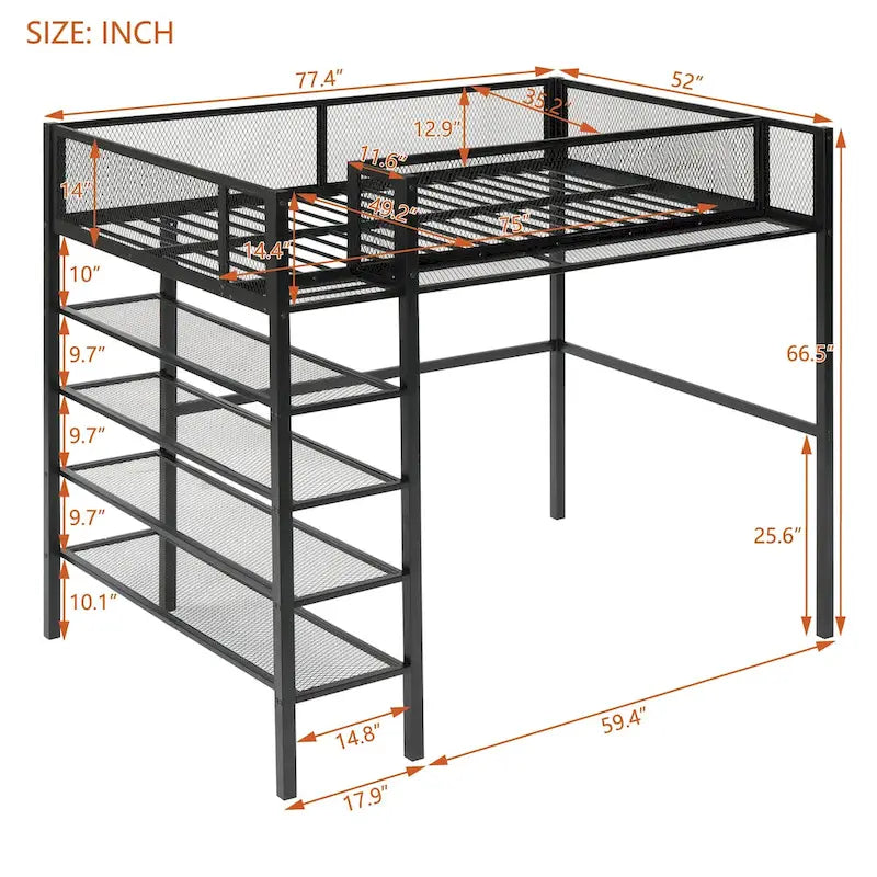 Cama loft individual de metal con estantes de 4 niveles y almacenamiento