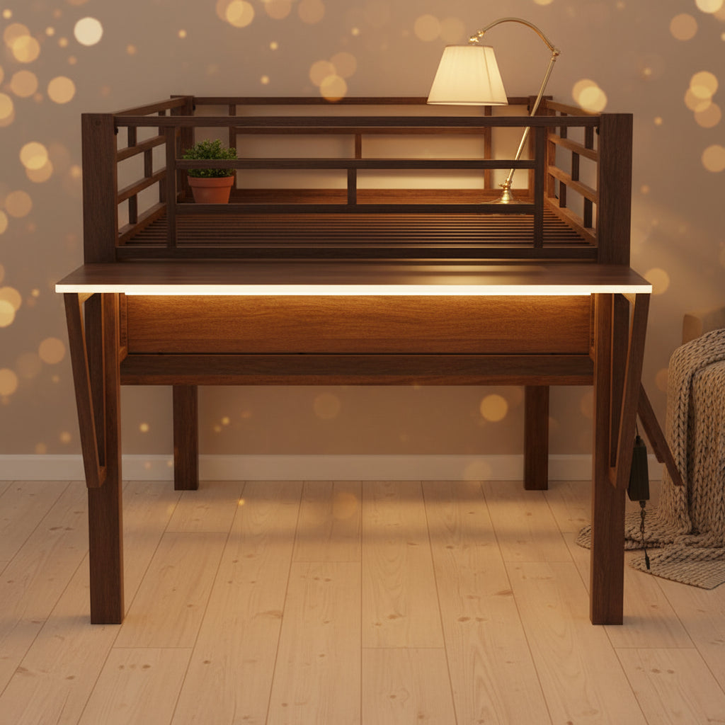 Cama semialta de juegos individual con escritorio, LED