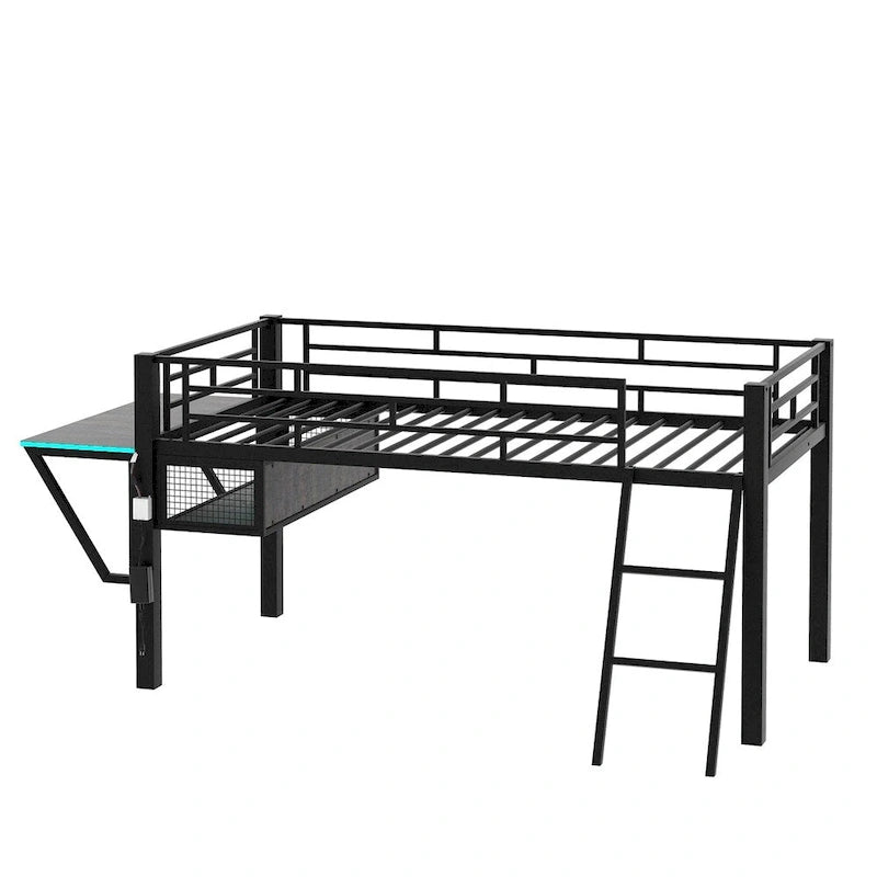 Cama semialta de juegos individual con escritorio, LED