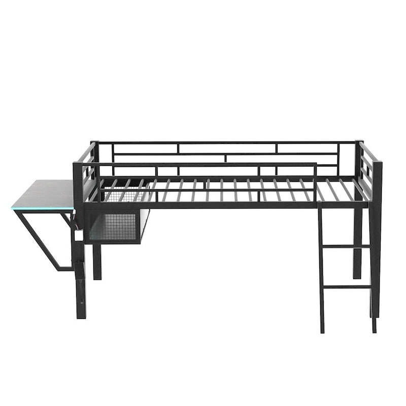 Cama semialta de juegos individual con escritorio, LED