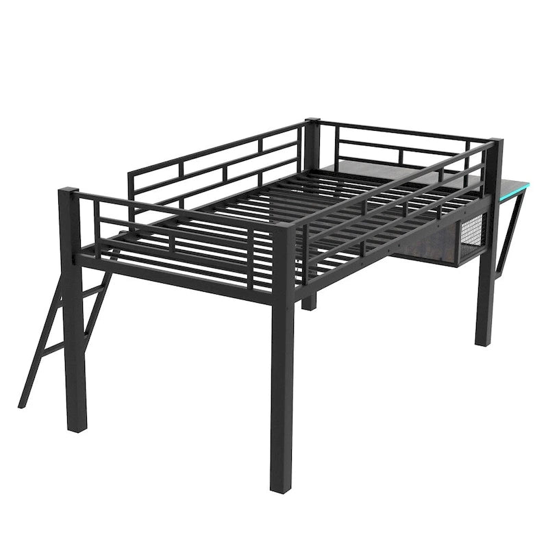 Cama semialta de juegos individual con escritorio, LED