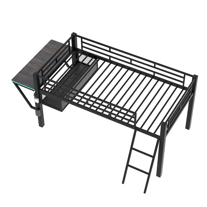 Cama semialta de juegos individual con escritorio, LED