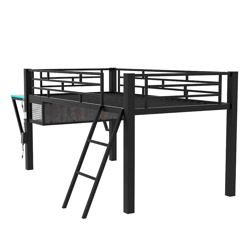 Cama semialta de juegos individual con escritorio, LED