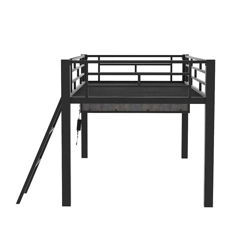 Cama semialta de juegos individual con escritorio, LED