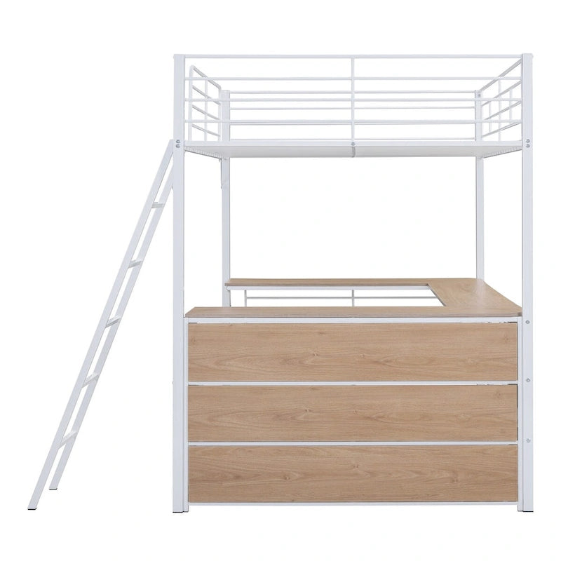 Litera de metal blanco con escritorio en forma de L y 3 estantes, escalera reversible