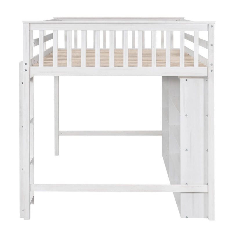 Cama alta completa con estantes de almacenamiento, estructura de cama alta de madera con estantería, cama alta con escalera para niños y adolescentes