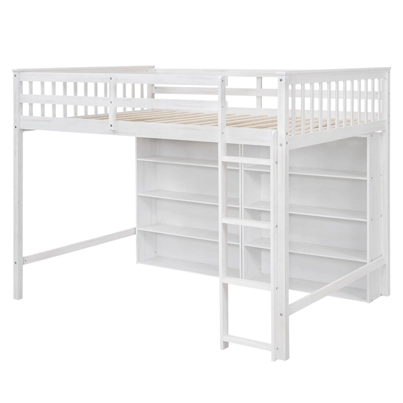 Cama alta completa con estantes de almacenamiento, estructura de cama alta de madera con estantería, cama alta con escalera para niños y adolescentes